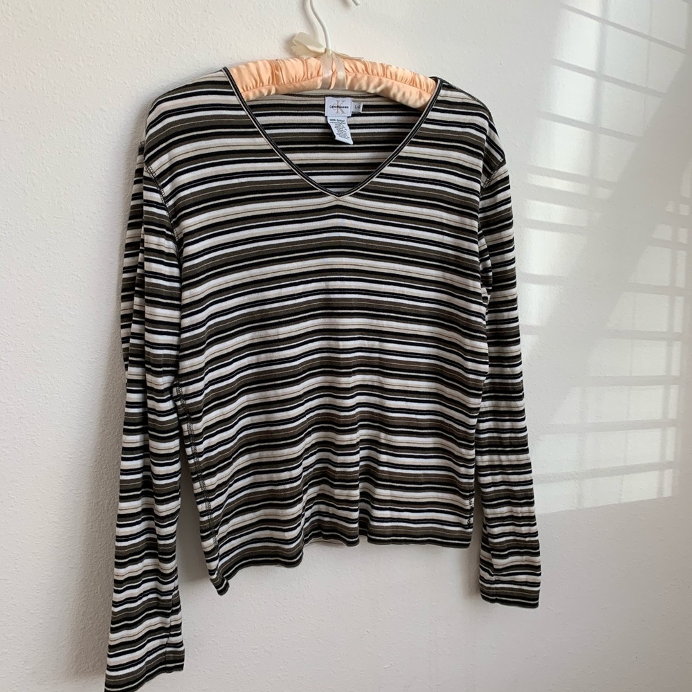 Vintage Calvin Klein Striped V Neck Long Sleeve